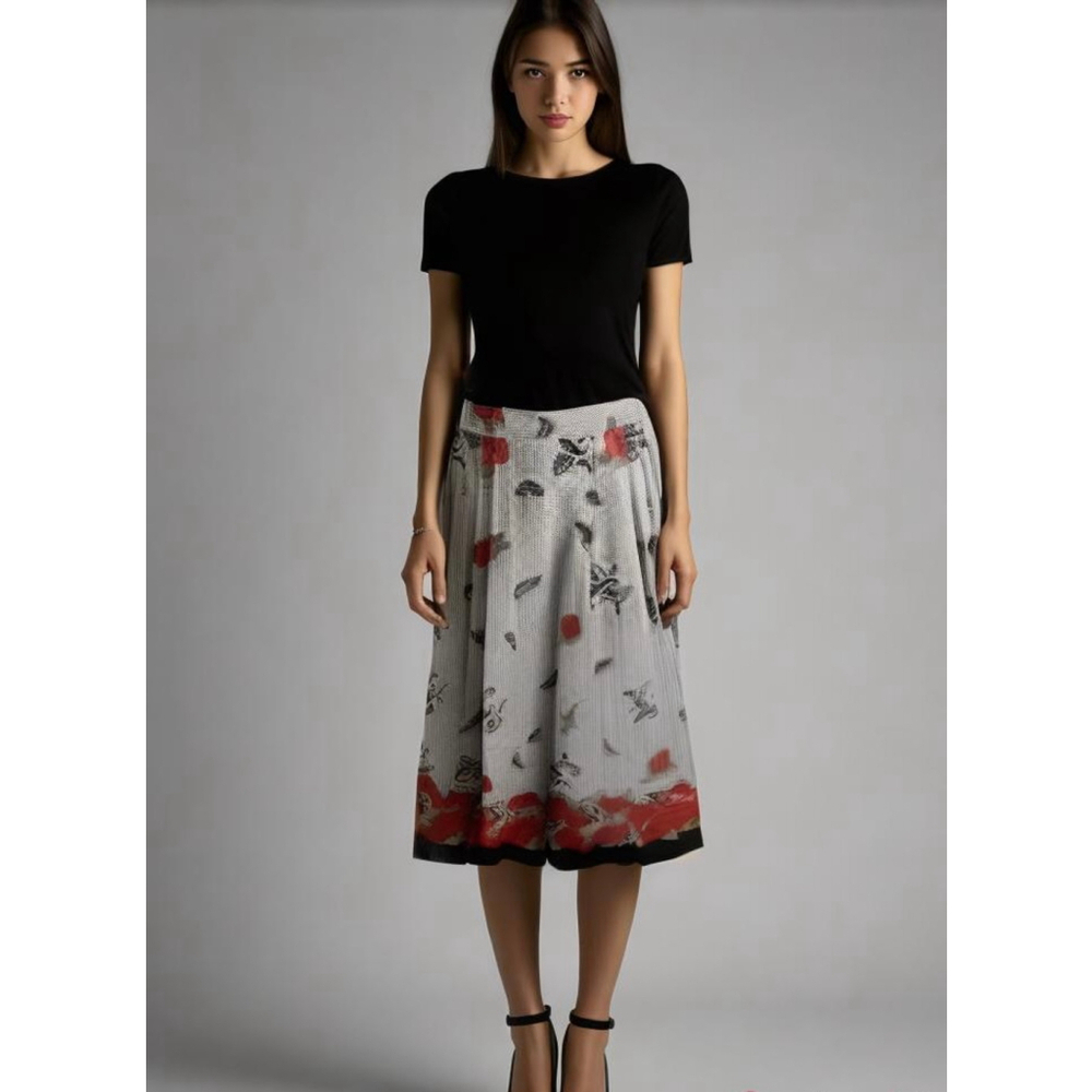 Chaus Pleated Skirt 14 Black‎ Red Floral Elastic Waist Pockets Romantic Coquette